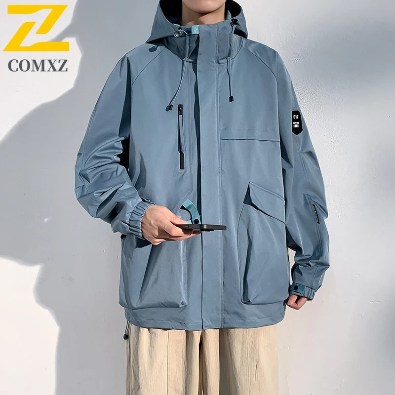 Men's Spring Autumn Workwear Jacket Windproof Waterproof Hooded Parka with Multi-Pockets Breathable Membrane for Outdoor Travel