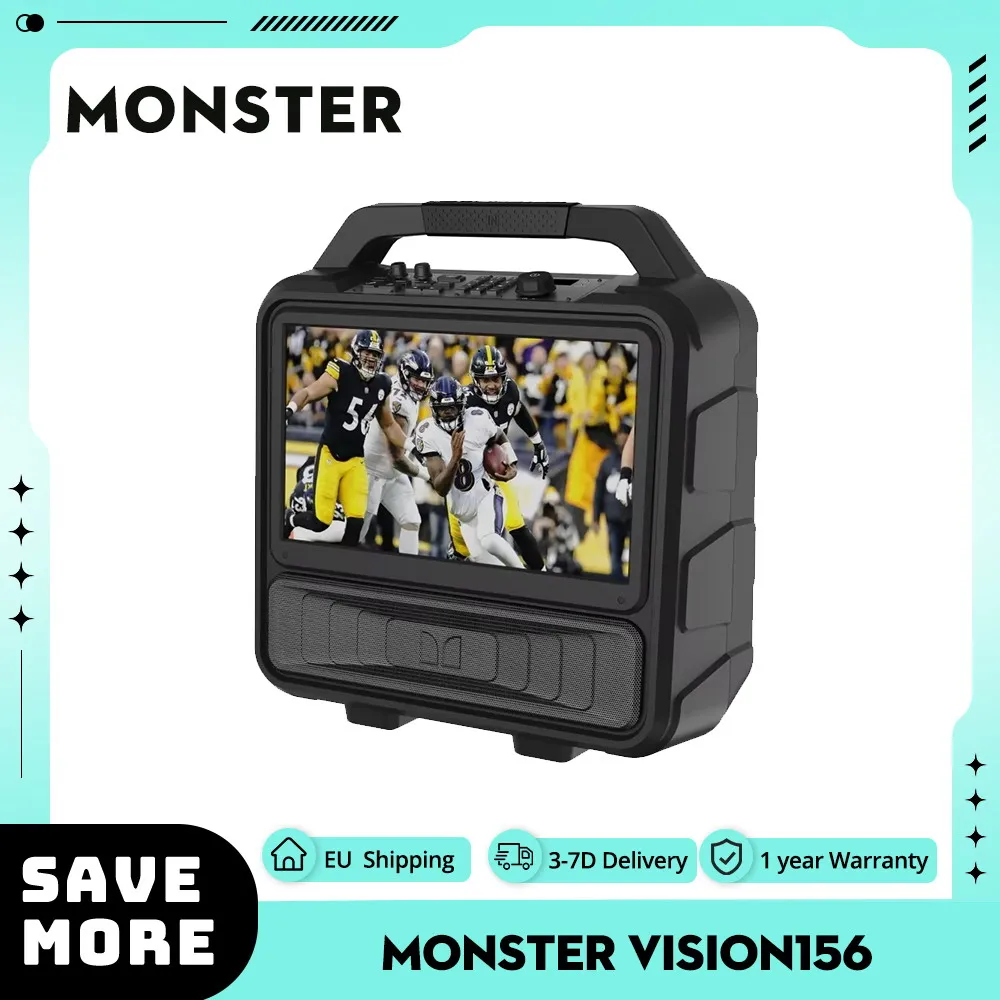 Monster Vision156 Bluetooth Speaker with Built-in LCD TV, 15.6”  Screen 60W Audio 8 Hours Video Playback 25 Hours Audio Playbac