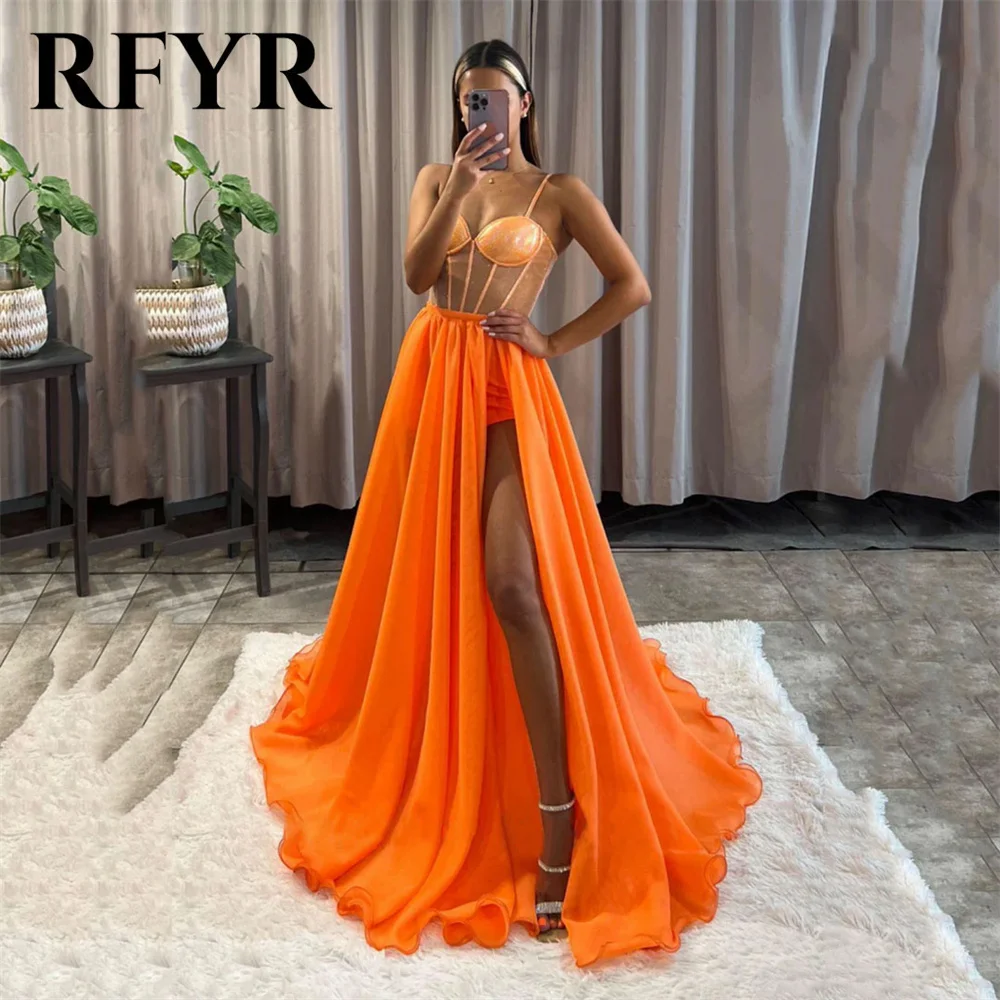 

RFYR Spaghetti Strap Orange Prom Dress Sweetheart Party Dress Detachable Train Evening Dress Stain Side Split vestidos de fiesta