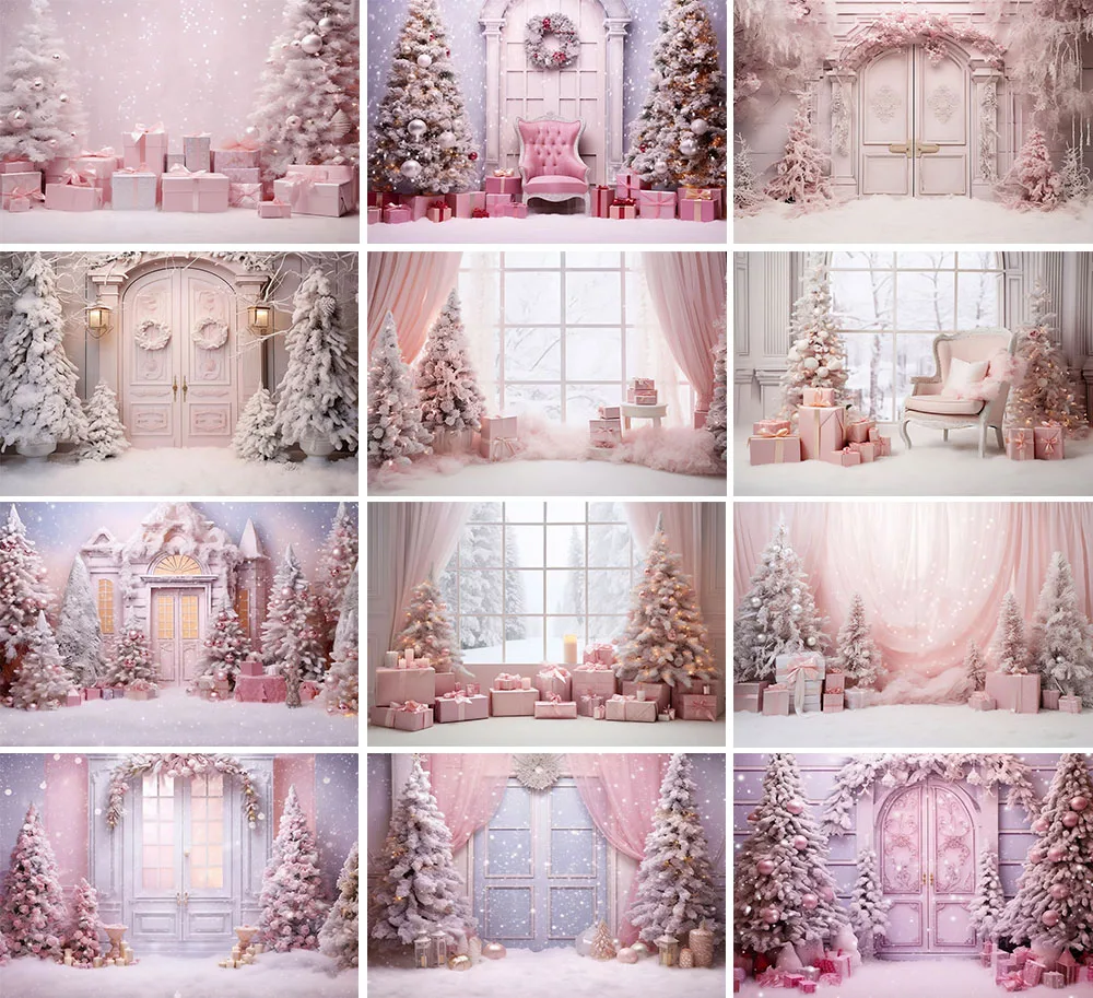 

Winter Christmas Photography Background Pink Window Curtain Xmas Trees Kids Family Portrait Decor Backdrop Photo Studio TY-01