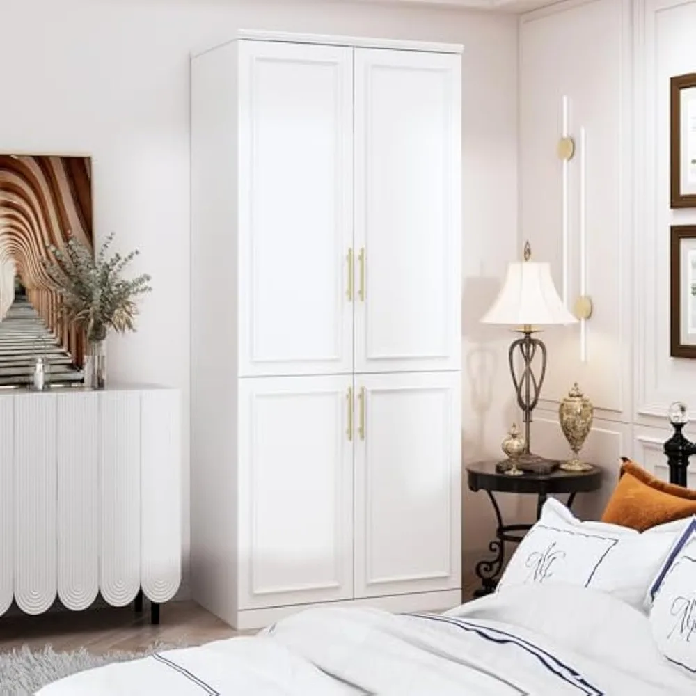 

White Wardrobe Armoire with 4 Doors, 3-Tier Shelves & Hanging Rod, Wooden Closet Storage Cabinet for Bedroom (30.2”W x 19.3”D x