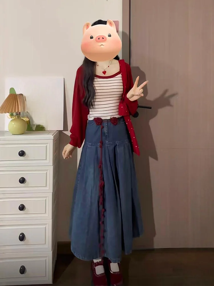 

Red National Style Autumn New Arrival Three-Piece Set Open Cardigan Strapless Denim Skirt Fashionable Casual Outfit for ...
