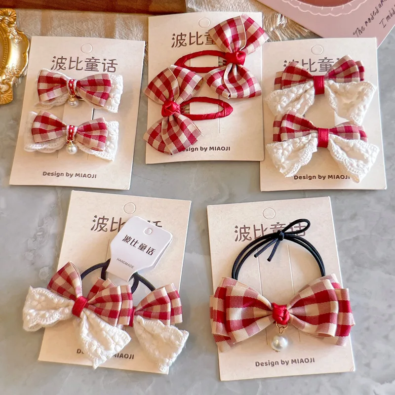 

Набор аксессуаров для волос из красной клетчатой ткани с бантом для девочек: милые заколки и резинки для волос, сладкие детские заколки для повседневной носки, вечеринок и дней рождения