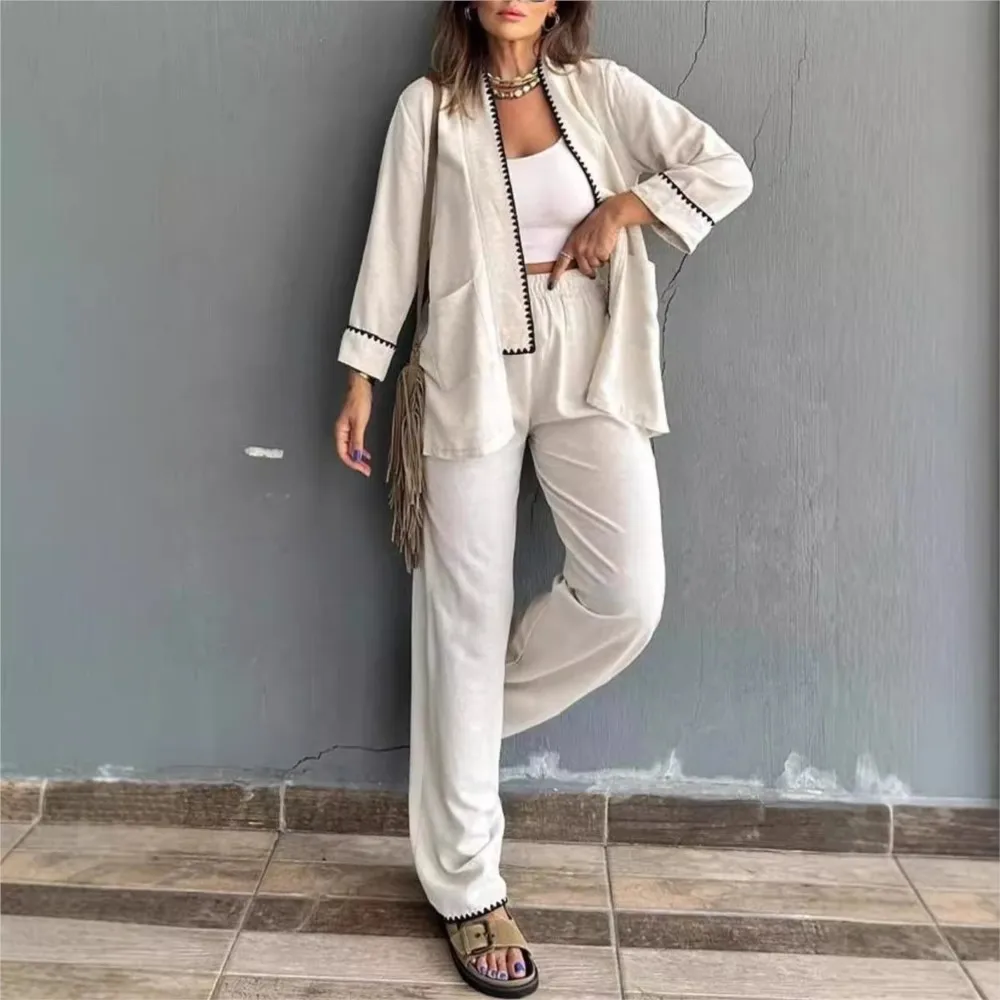 Women\'s Two Piece Set New Fashion Solid Pockets Loose Cardigan Jacket + High Waist Wide Leg Long Pants Sets Women Vintage Suits