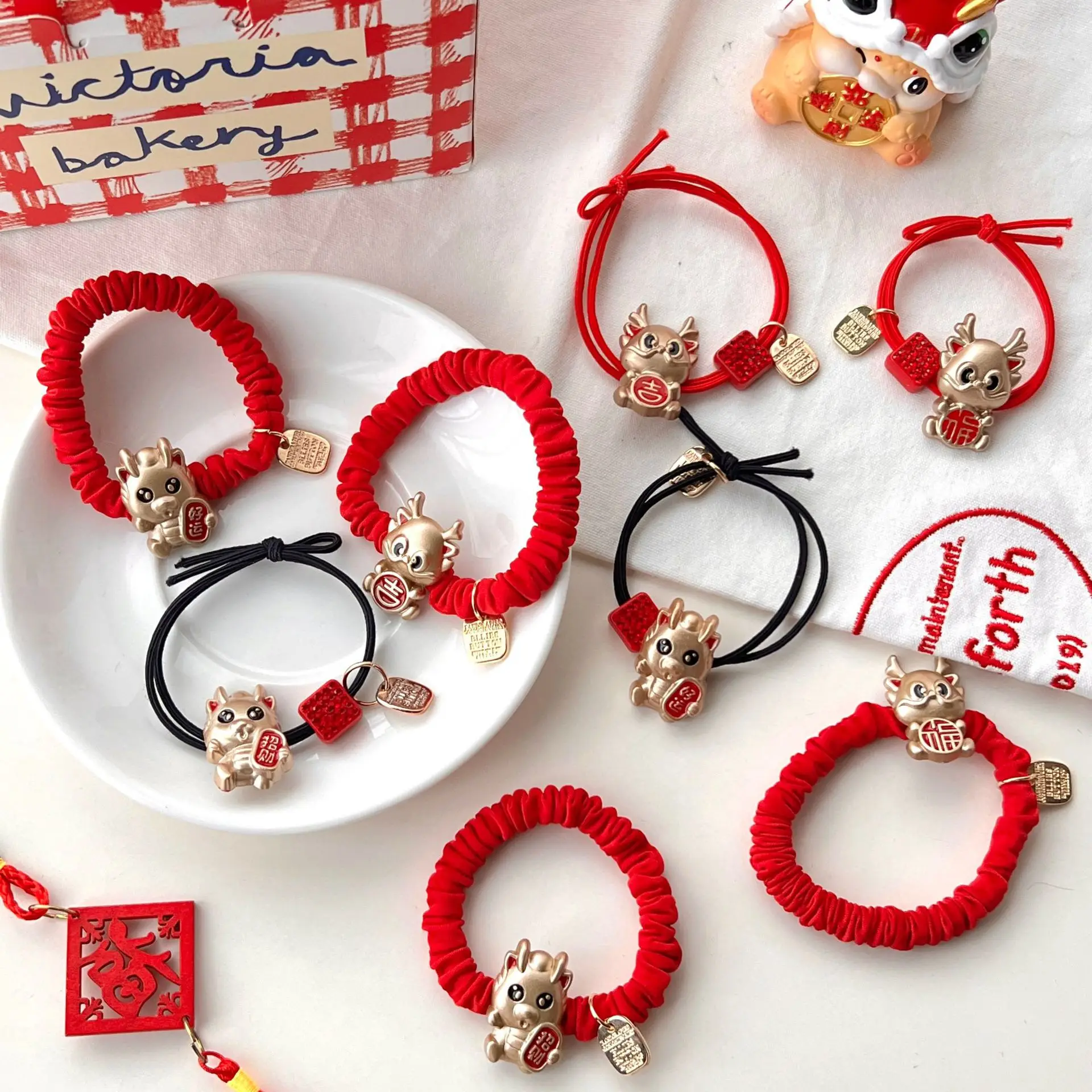 Dragon Year Zodiac Red Rope Metal Red New Year Hair Ring Female High Elastic Rubber Band Head Rope Celebration