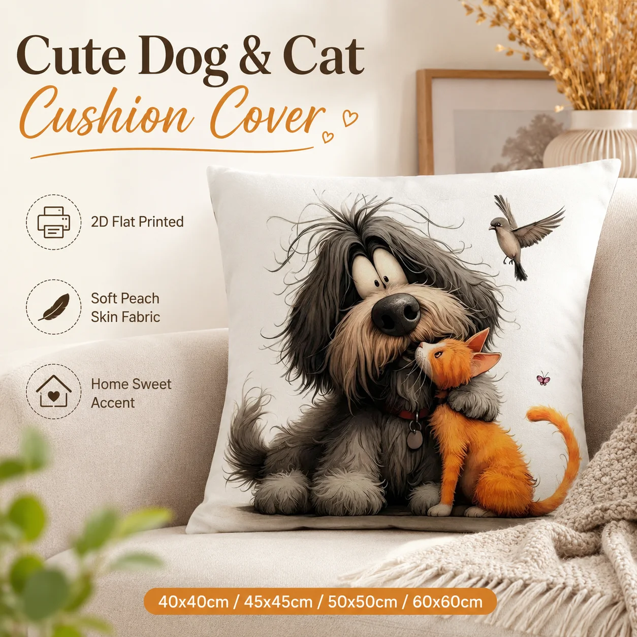 

Cute Dog Cat Pillowcase Peach Skin 2D Flat Printed Cushion Cover Cartoon Pet Friends Throw Pillow Case Sofa Living Room Decor