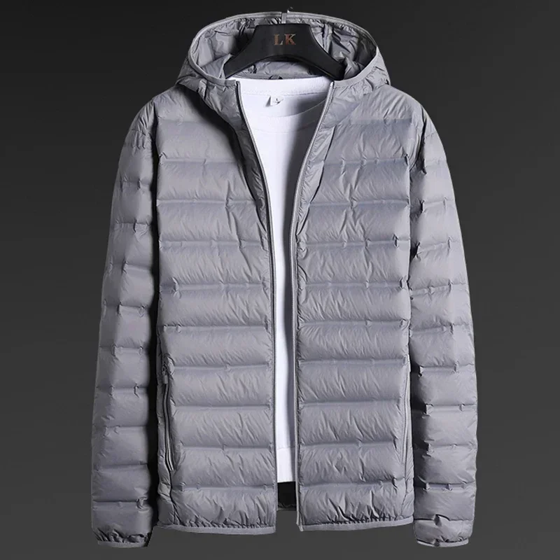 Jaqueta acolchoada ultra leve masculina, casaco puffer masculino, capuz de pato branco, casaco com zíper, tamanho grande 6XL, 8XL, primavera, outono