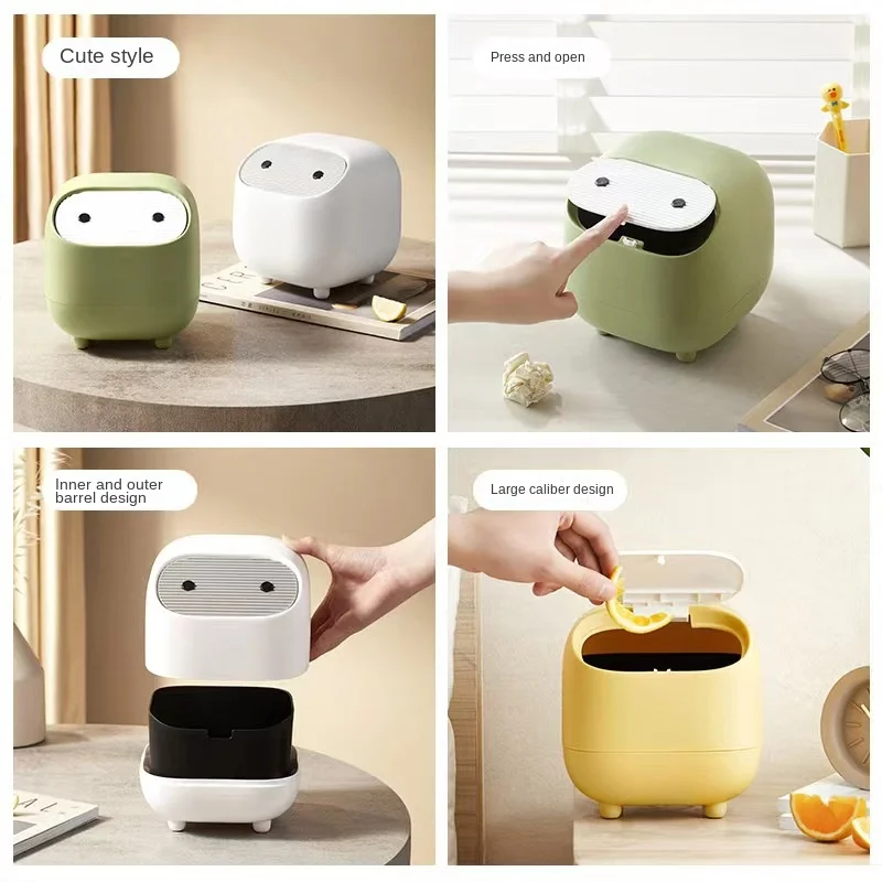 Ninja Desktop Small Trash Can, Contrasting Color Mini Cute Double-layer Press-type Small Trash Can