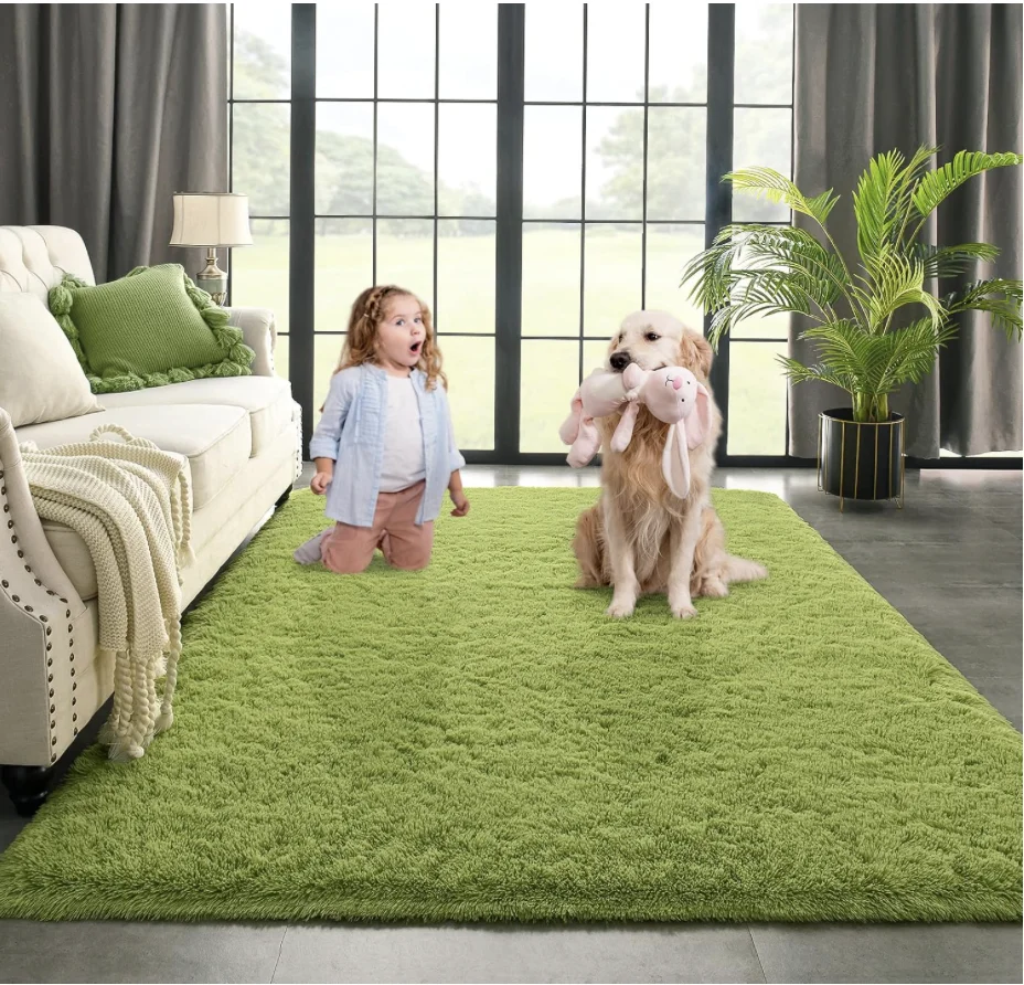 Green Area Rug for Bedroom Living Room Carpet Home Decor, Upgraded 4x5.9 Cute Fluffy Rug for Apartment Dorm Room Essentials