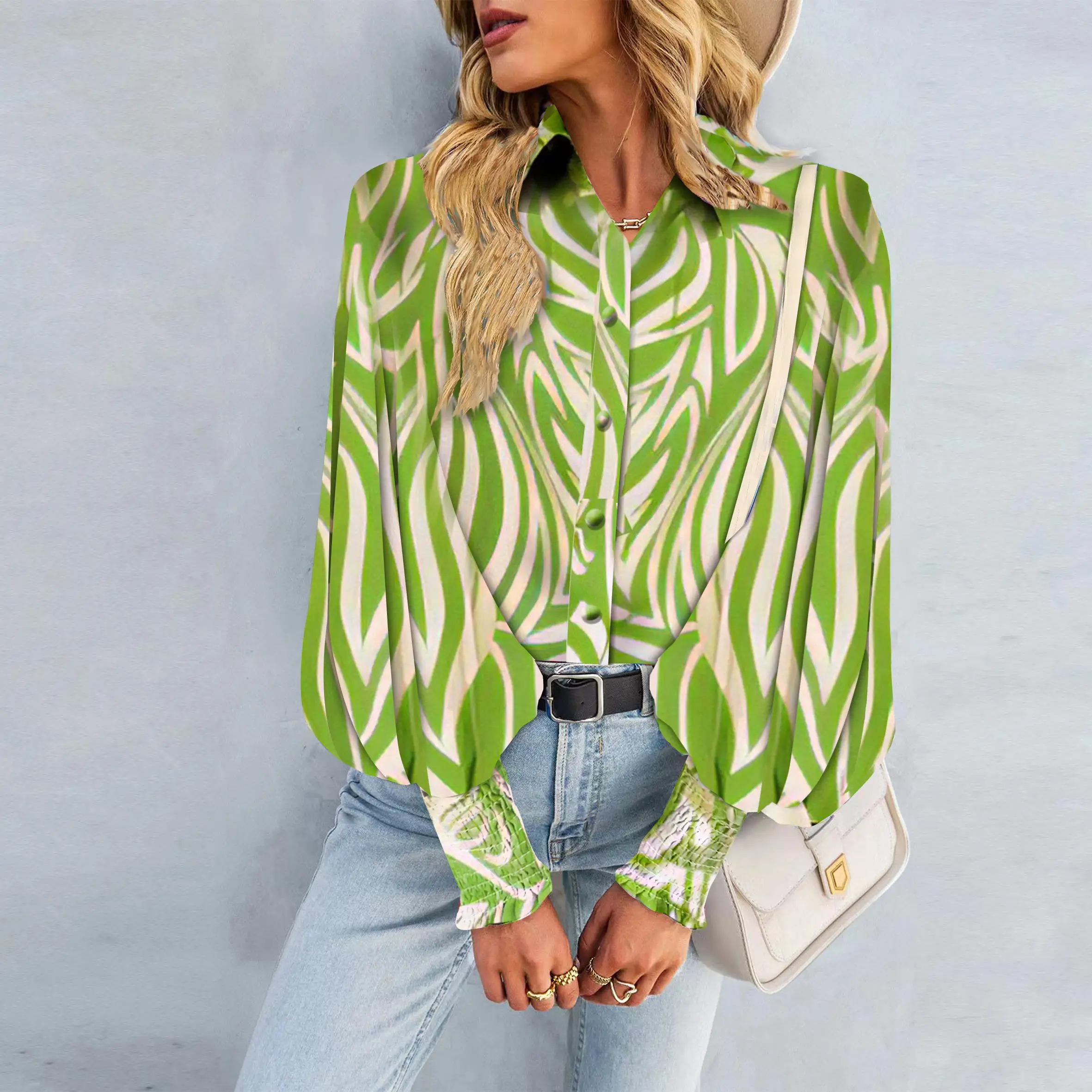 

Spring Summer New Faion Striped Print Collar Single Button Long Sve Women's irt Loose Fit Polyester Fiber