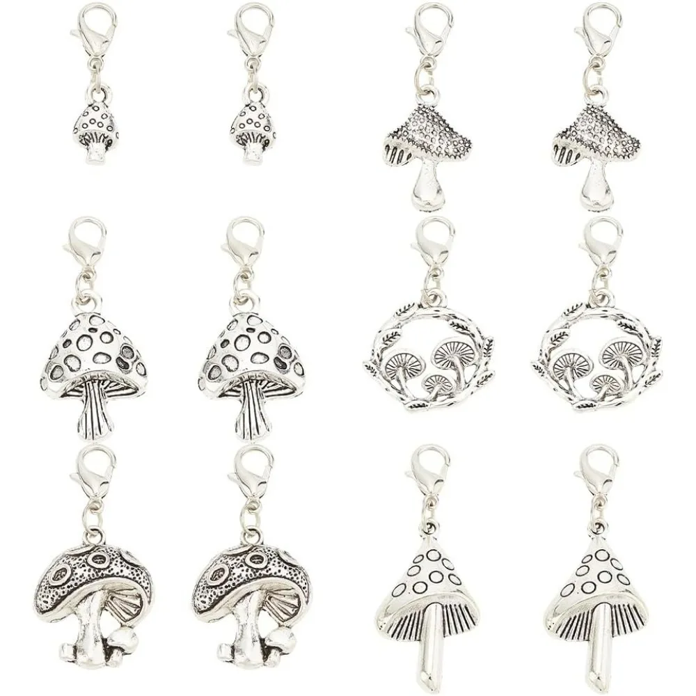 30 Pcs 6 Styles Mushroom Zipper Pull Charms Tibetan Style Alloy Zipper Pendant Antique Silver Platinum Pull Zipper Pull for Bag