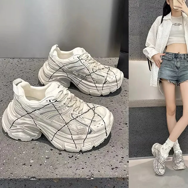 

Women's Breathable Leather Dad Shoes Running Sports Casual Low Top Glue Bonding Rubber Outsole Thick Heel round Toe Shoes