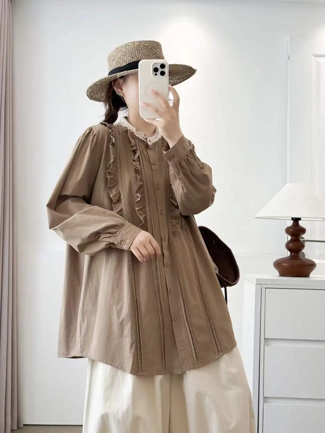 Novo 2025 inverno algodão camisa de manga longa, feminino stand babados retalhos, mori menina design francês doce ins blusa solta t5n952cc