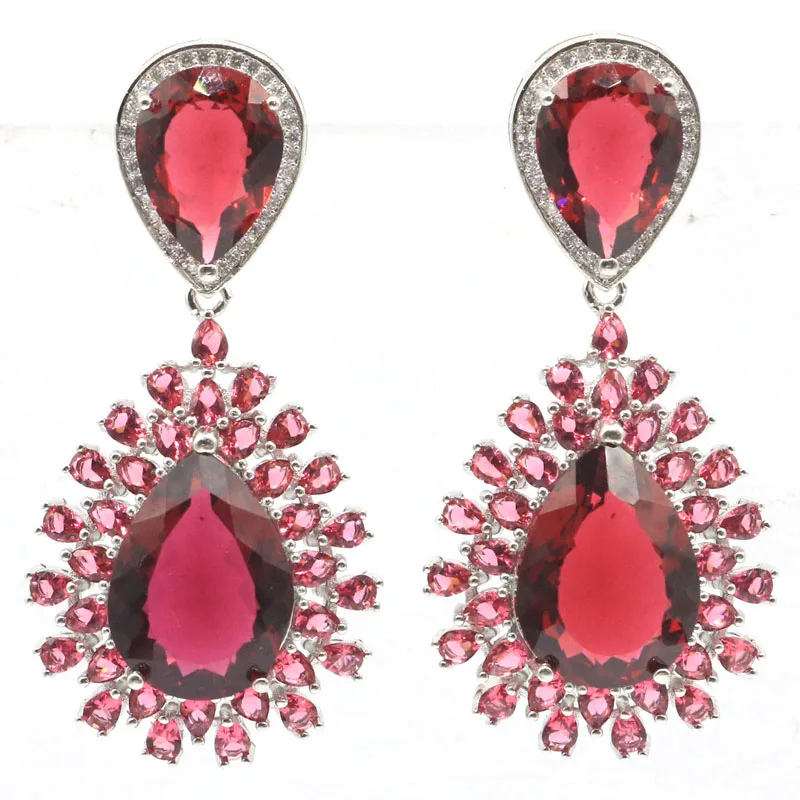 

60x28mm Prevent Allergy Long Big Heavy London Blue Topaz Raspberry Rhodolite Garnet Silver Earrings