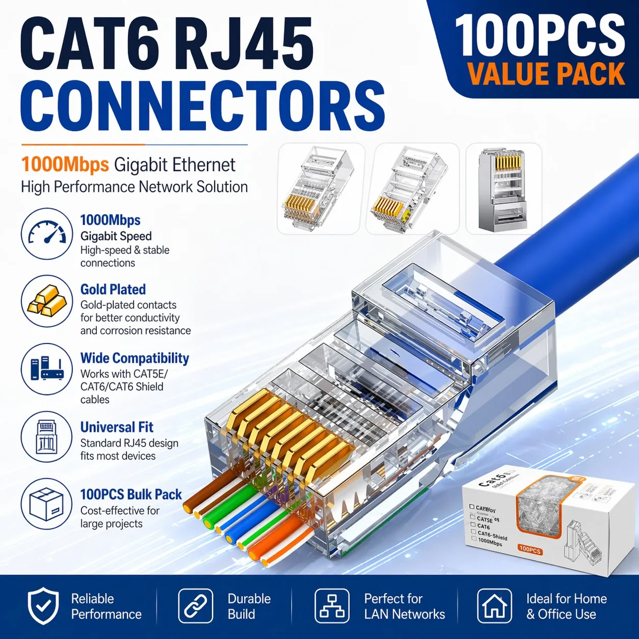 

100Pcs/Box Cat5e RJ45 Ethernet Cable Connector Gold Plated Straight Type Stable Gigabit Network Crystal Head