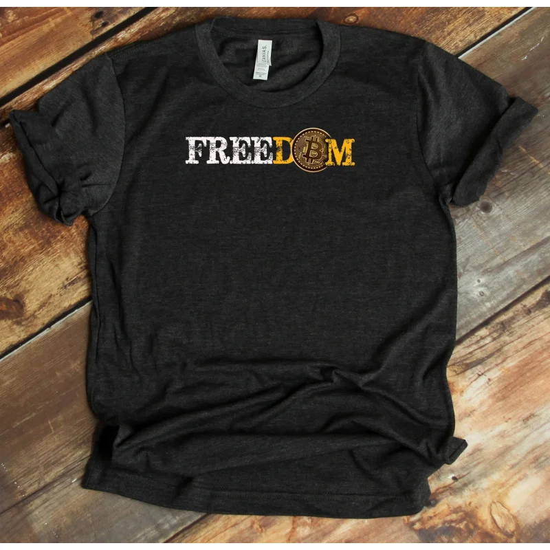 Freedom With Bitcoin Gift t shirt for Crypto Traders BTC Fan Bitcoin Symbol tee 100% cotton printed Graphic clothesAll size tops