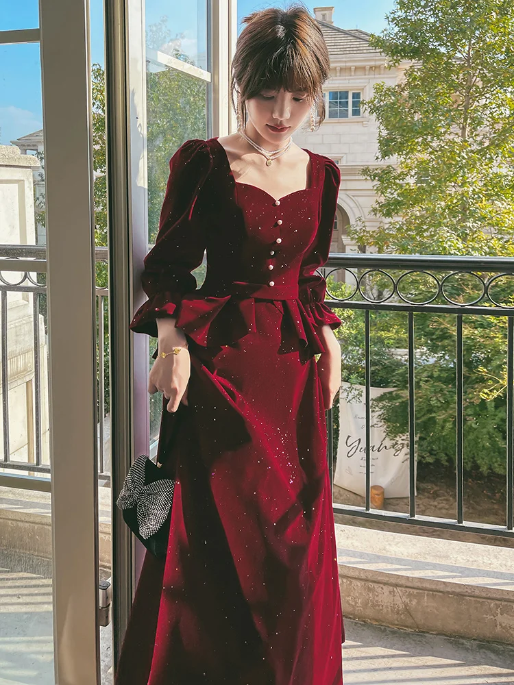 

Winter Velvet Long Sve Wedding Dr Women's Sle Korean Version Pearl Embellied Floor Length Gown for Marriage Celebra...