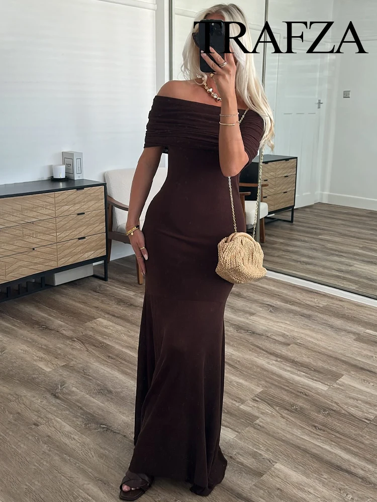 

TRAFZA Summer Women Off-Shoulder Pleated Design Knitted Party Long Dresses 2025 Fashion Woman Solid Sleeveless Vintage Dresses