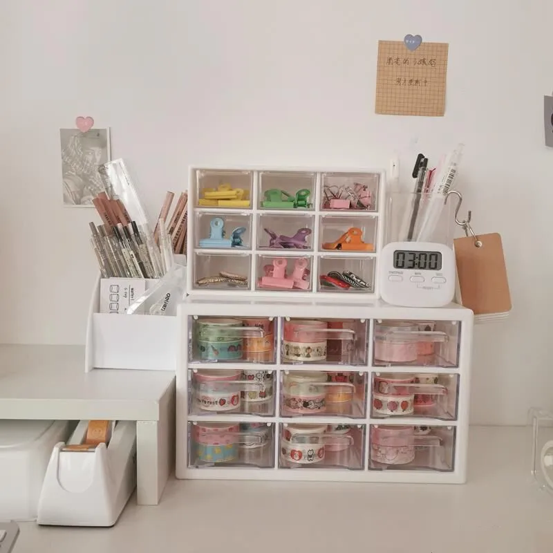 White/Pink 9 Grid Drawer Desktop Organizer Desk Storage Box Free Sticker School Stationery Accessories