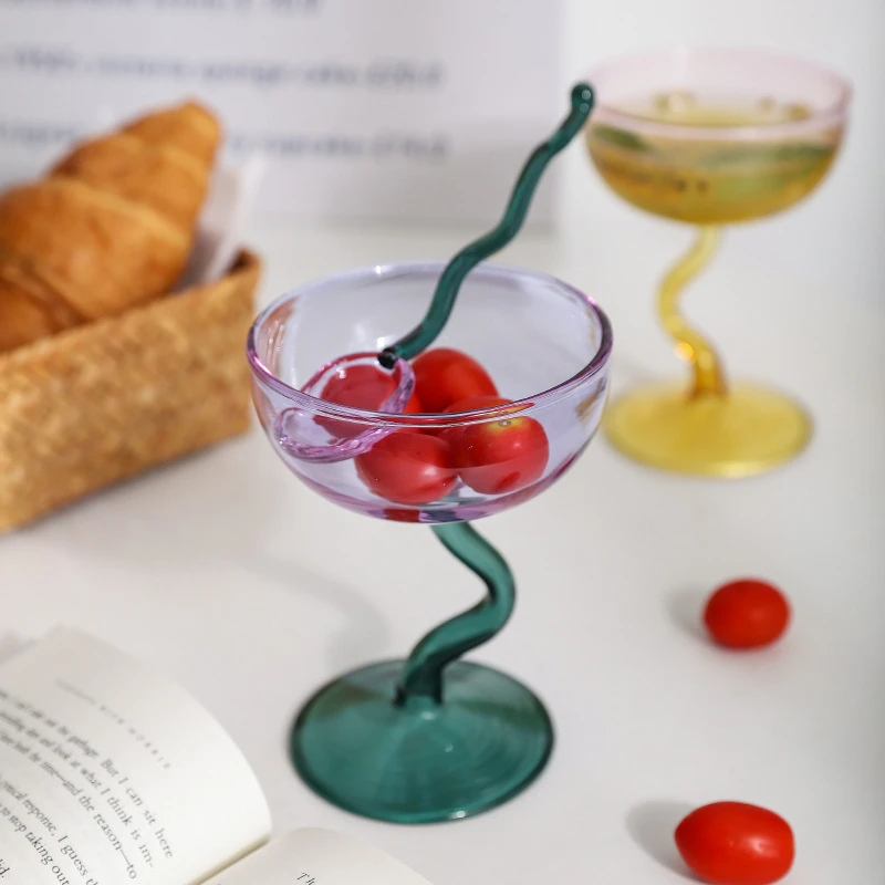 Round Bowl Goblet Dessert Glass Mug S-shaped Cup Stem Ice Cream Bowl Cup Milkshake Dessert Cup Colored Borosilicate  Glass