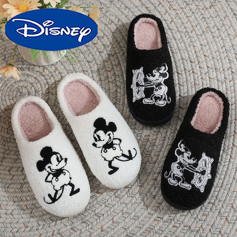 

Хлопковые тапочки с вышивкой Микки Мауса Диснея, домашняя теплая плюшевая хлопковая обувь для пар, модные зимние домашние тапочки