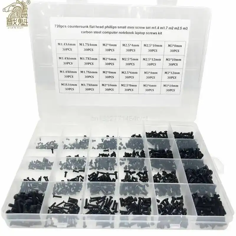 720pcs countersunk flat head phillips small mini screw set m1.4 m1.7 m2 m2.5 m3 carbon steel computer notebook laptop screws kit