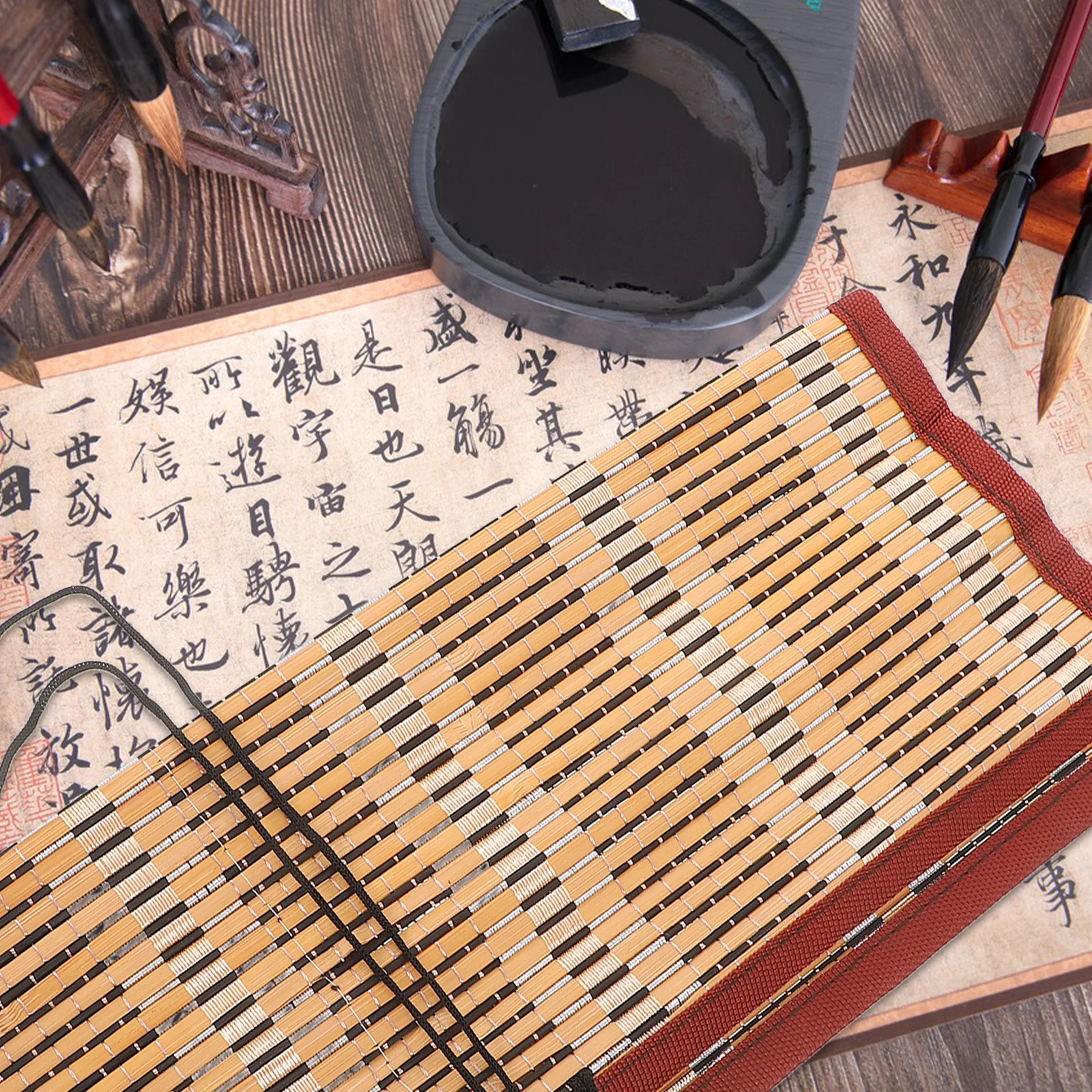 

Bamboo Writing Brush Holder Lightweight Calligraphy Pen Bag Portable Pencil Organizer Storage Wrap With 8 Slots For Paintbrush
