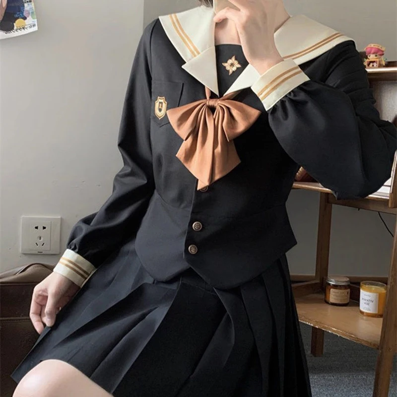 

Black JK Uniform Long Sleeve Sailor Suit Japanese College Style Basic School Short-sleeved Suit Cute Role Play Student Clothes