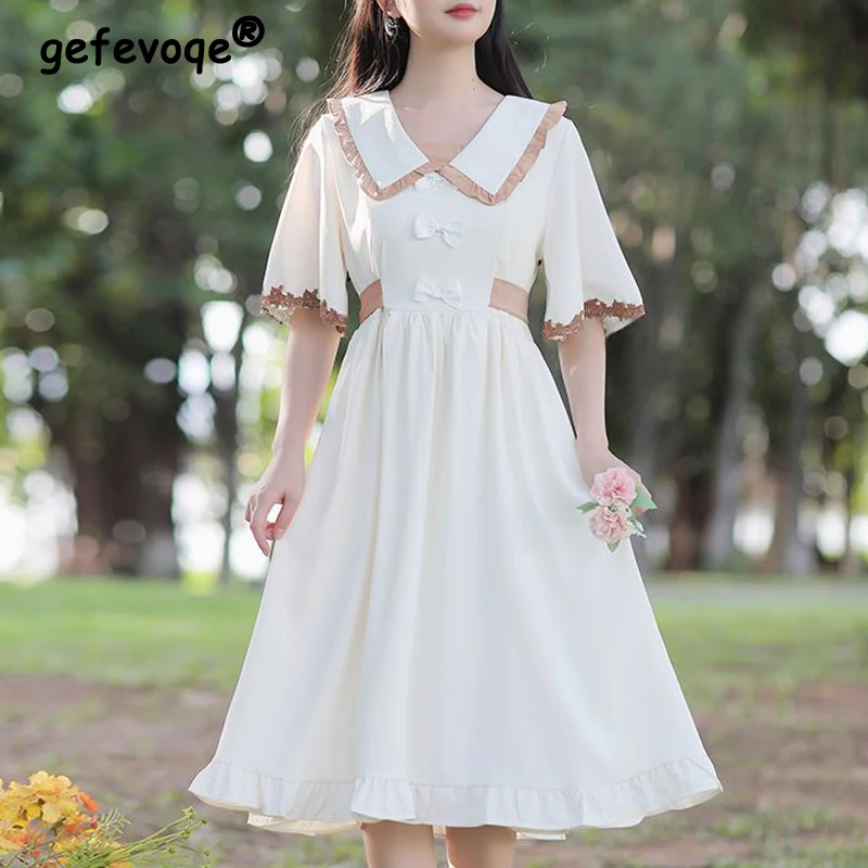 

Women Preppy Style Ruffle Bow Lace Patchwork Sweet Kawaii Dress Summer Fashion Short Sleeve Elegant Fairy Party Dresses Vestidos