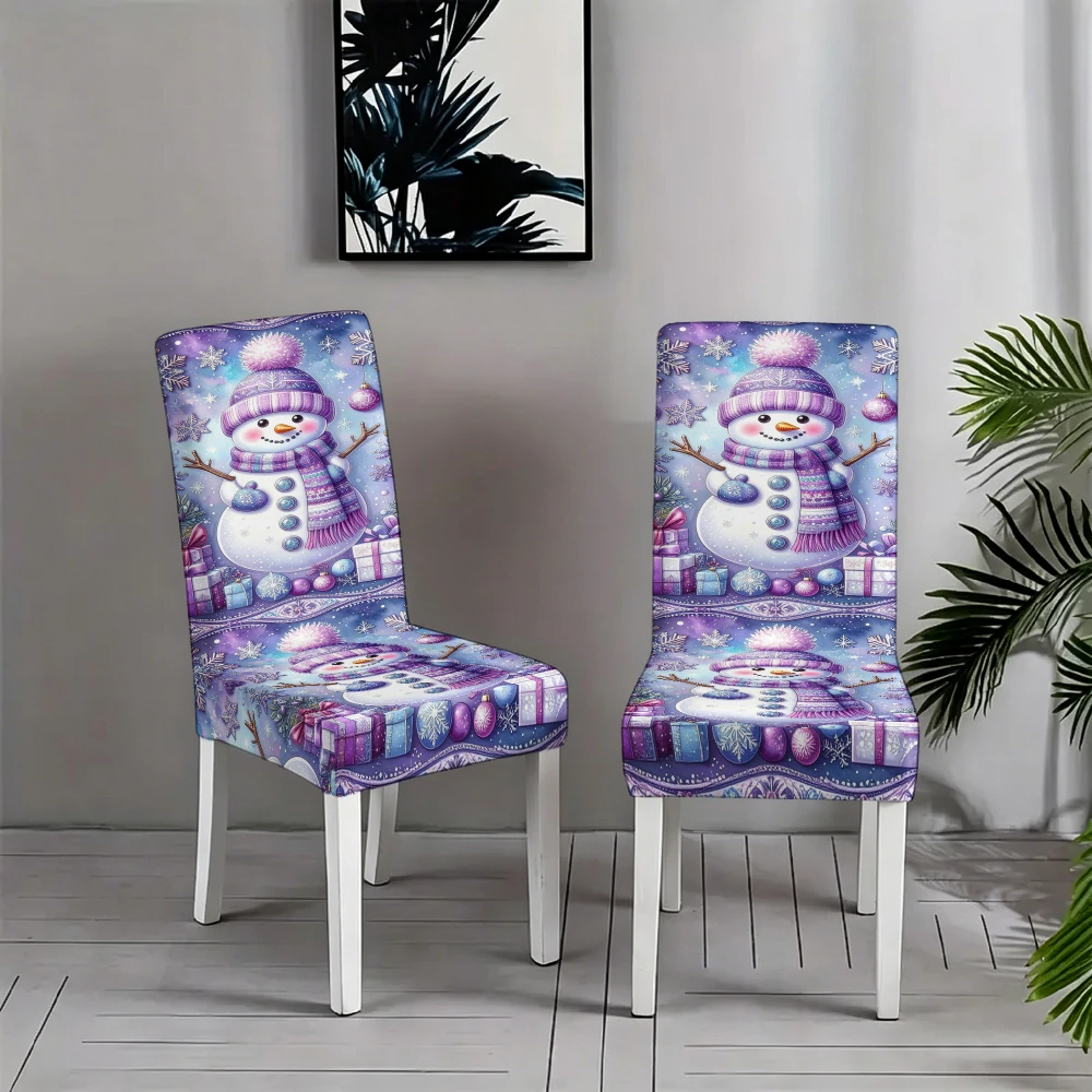 Purple Winter Cartoon Snowman Snowflake Gift Box Dining Chair Slipcover Stretch Xmas Holiday Chair Cover