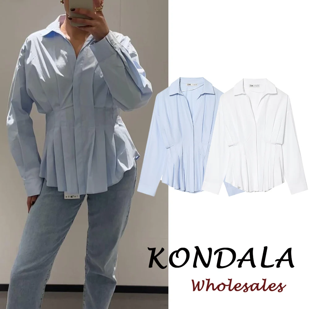 KONDALA Chic Streetwear Blaue Lässige Büro-Damenbluse Einfarbig Plissiert mit Knöpfen Pendler-Mode 2026 Frühling Vintage Damenhemd
