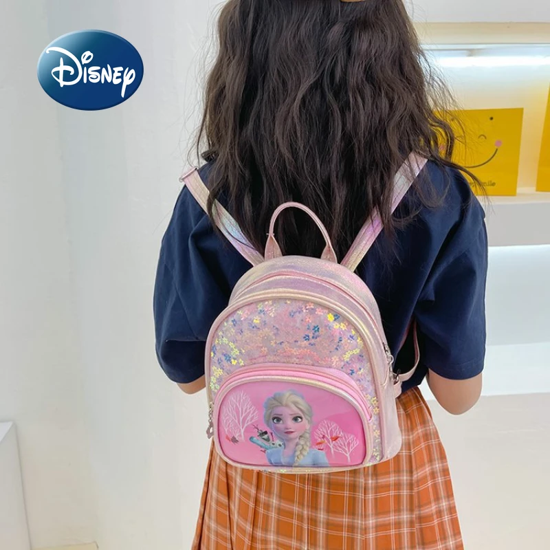 Disney 2022 New Girls Backpack Frozen Elsa Princess Girls School Bag Sequins Fashion High Quality Cartoon Cute Children Backpack