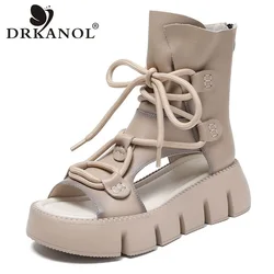 DRKANOL High Quality Women Sandals Handmade Retro Wedges Heel Sandals Ladies Summer Back Zipper Platform Roman Cool Boots