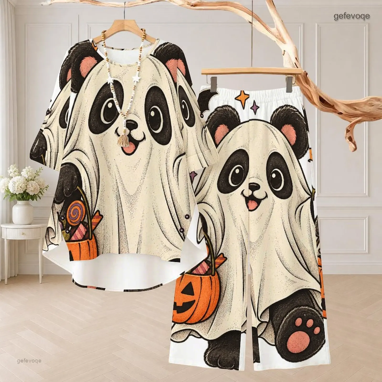 Women Printed Cute Ghost Panda Halloween Round Neck 3/4 Sleeve High Low Top and Long Pants Two Piece Set