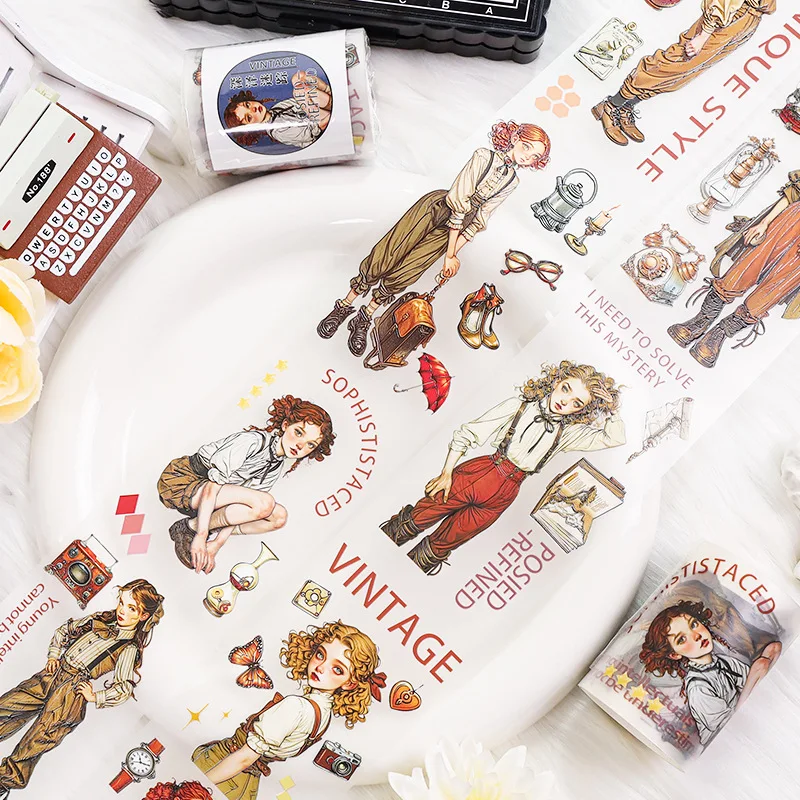 European Hong Kong Style Character Layout Collage Rose Decorative PET Washi Tape Journal Sticker Handmade Craft Supplies Scrap