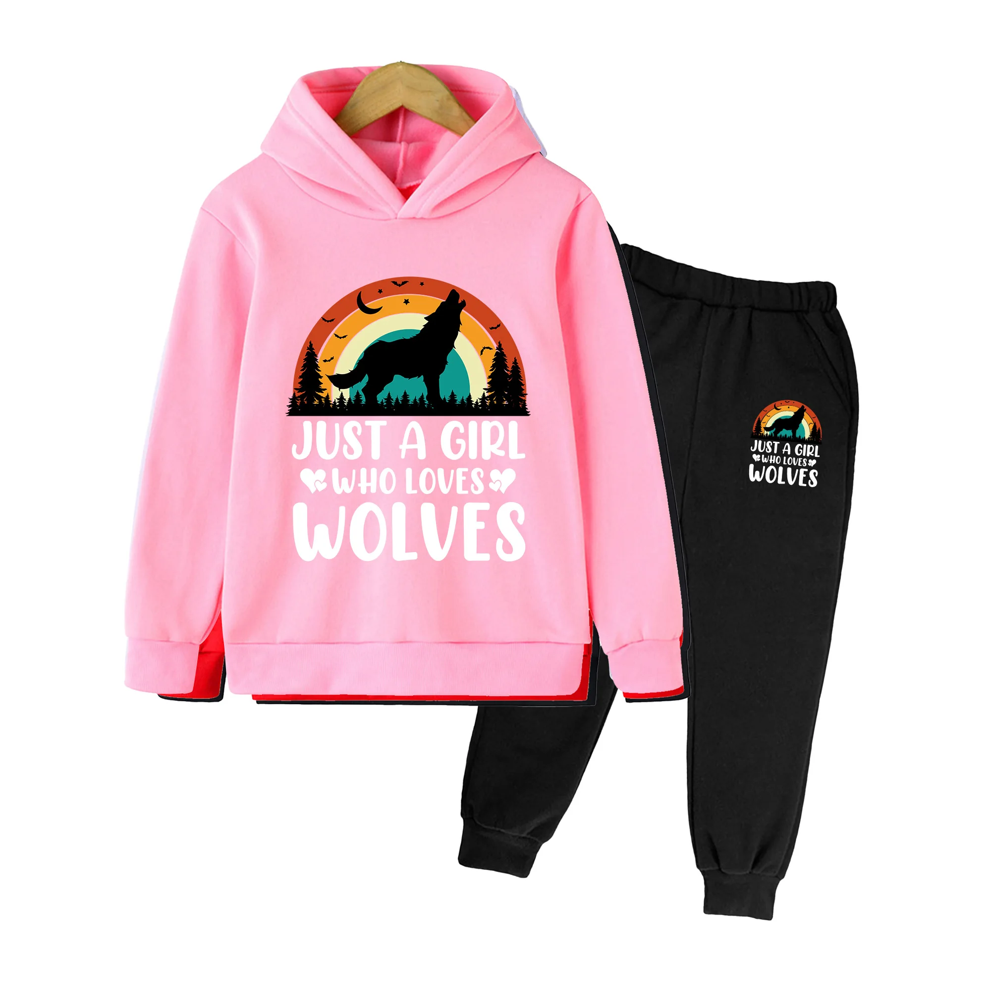 Kids Wolf Print Hoodie & Sweatpants Set, Unisex Long Sleeve Outfit for Halloween, Outdoor Camping