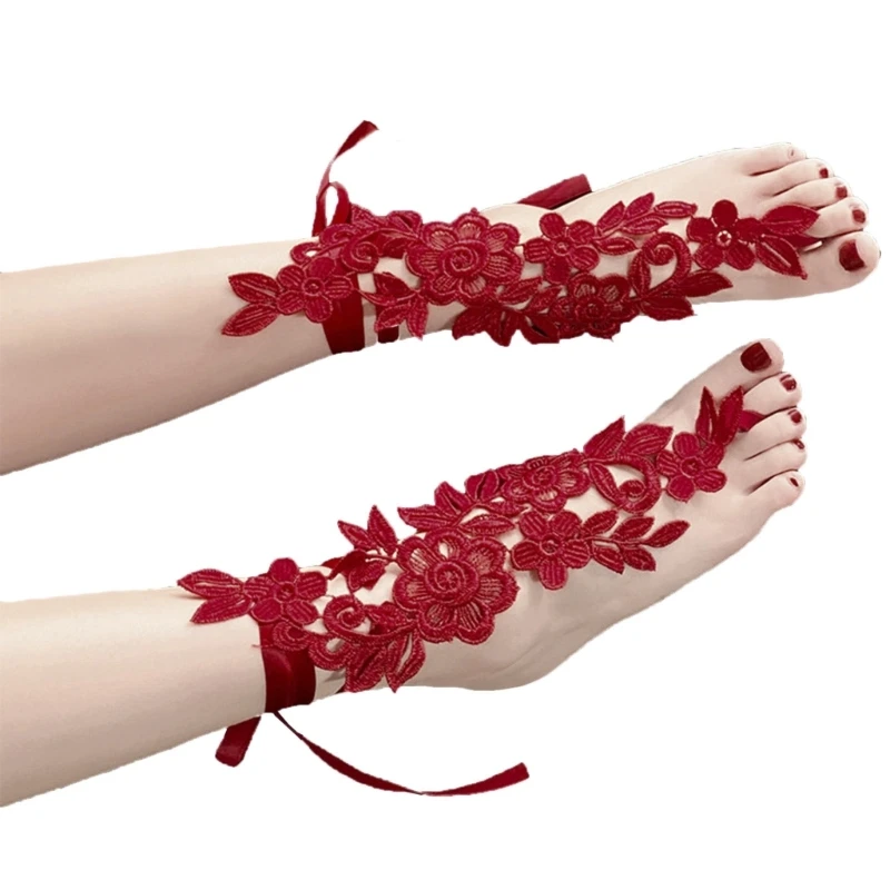 Romantic Floral Barefoot Sandals Sexy Lace Embroidery Anklet with Toe Ring