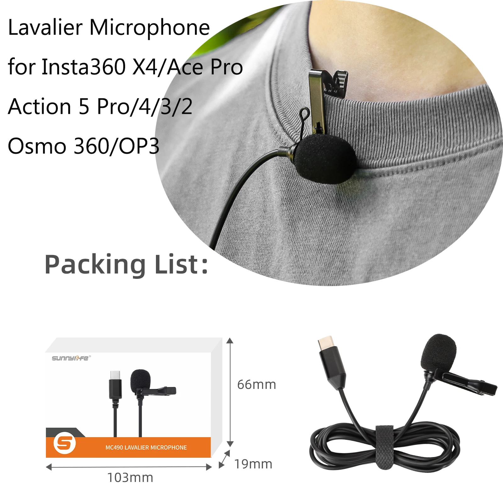 Петличный микрофон Sunnylife 1,5 м для панорамной камеры Insta360 X4/Ace Pro, записывающий микрофон Type-C для DJI Action 5 Pro/X4 Петличный микрофон Sunnylife 1,5 м для панорамной камеры Insta360 X4/Ace Pro, записывающий микрофон Type-C для DJI Action 5 Pro/X4