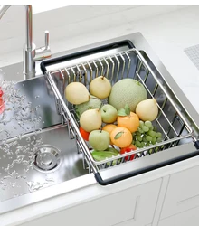 Stainless Steel Adjustable Sink Drying Rack Dish Holder Drainer for Fruit Vegetable Single Layer Expandable Drying Basket