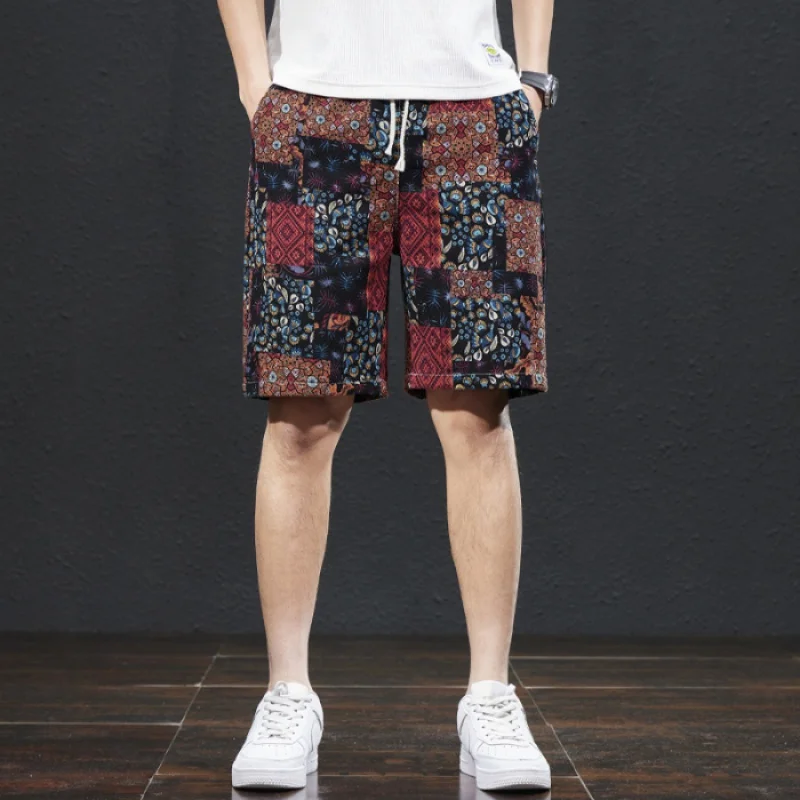 2024 Summer New Beach Shorts Fashion Print Straight And Versatile Slim Fit Loose Street Washed Cotton Youth Men'S Casual Pants