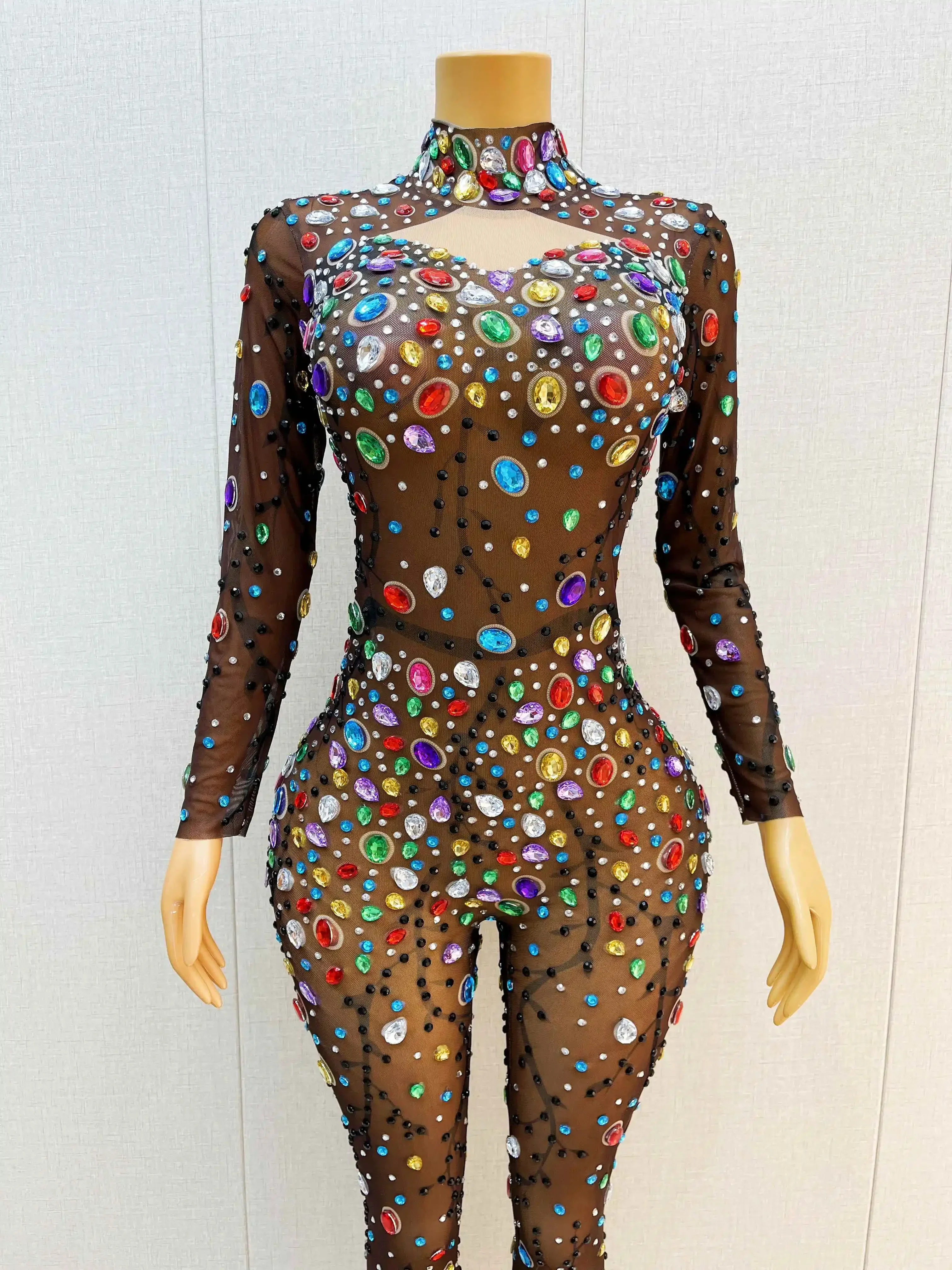 Colorful Big Rhinestones Brown Mesh Bodysuit Evening Birthday Celebrate Sexy Jumpsuit Outfit Dance Performance Costume heiman