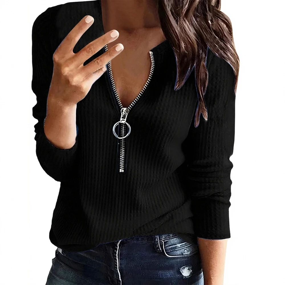 

Женские осенне-зимние футболки, модные повседневные повседневные футболки на молнии с длинными рукавами и круглым вырезом
