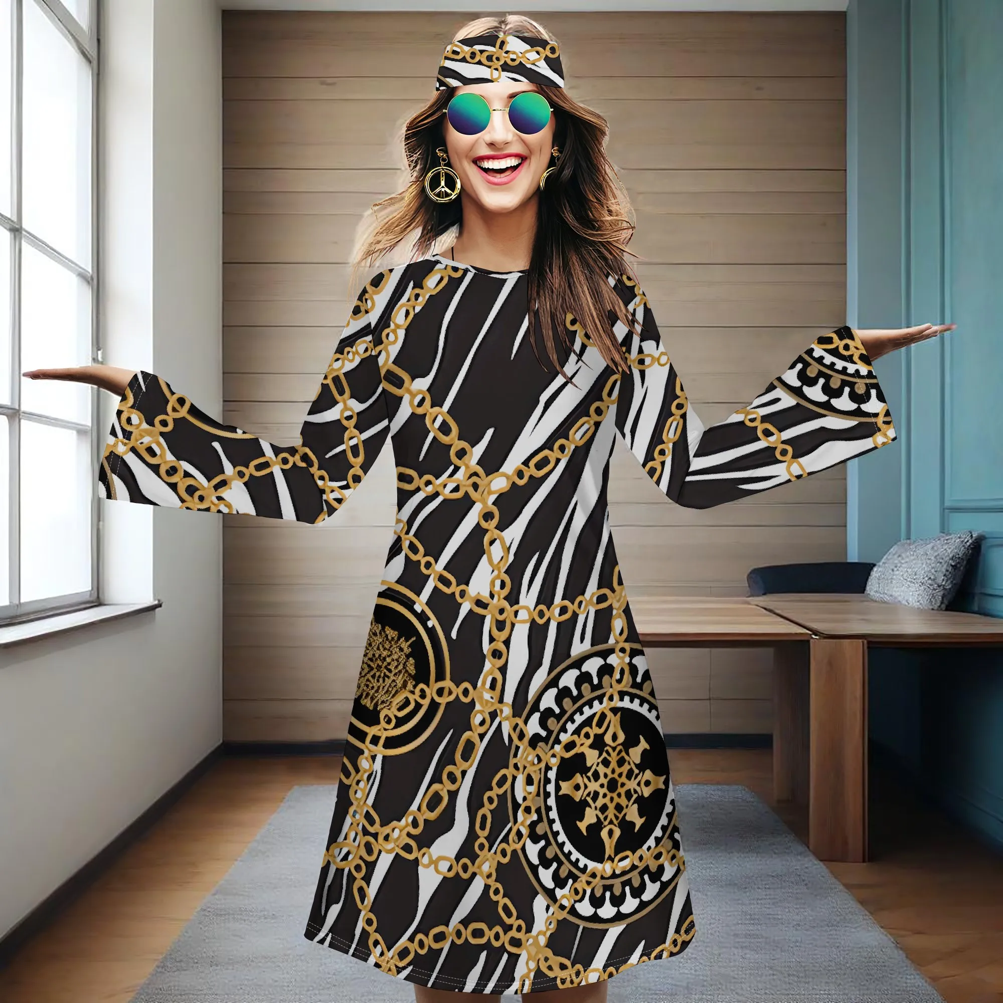 

Women's Spring And Autumn Long Sleeve Dress (Headband), Vintage Fashion Stripe Print, Essential For Dating