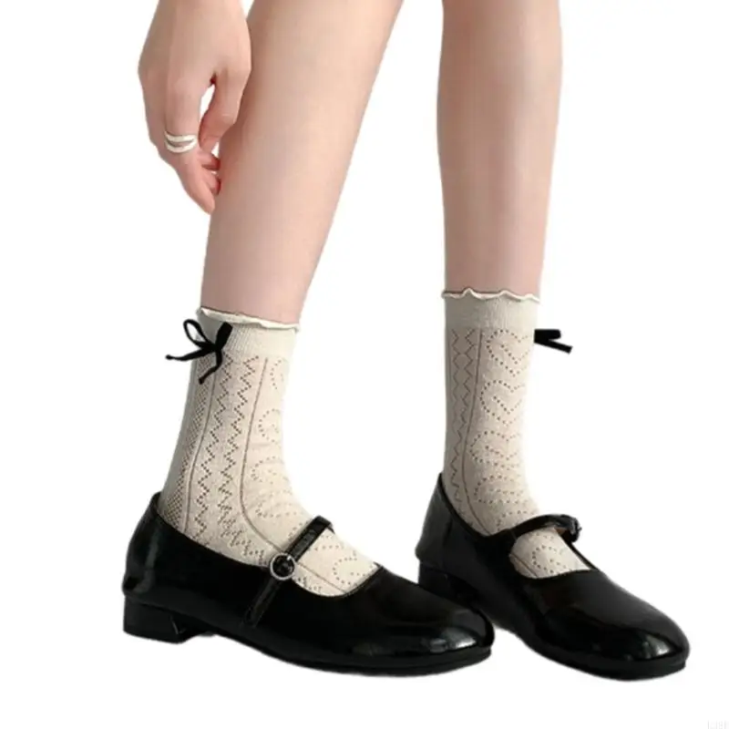 L38E Women's Fashion Hollowout Heart Pattern Ruffle Top Socks Preppy Student Sweet Bowknot Accent Middle Calf Socks