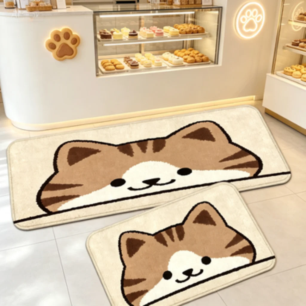 Cream Coffee Cat Runner, Black White Puppy Mat, Minimalist Dog Outline Mat, Cartoon Dog Head Mat, Healing Kitten Floral Mat.