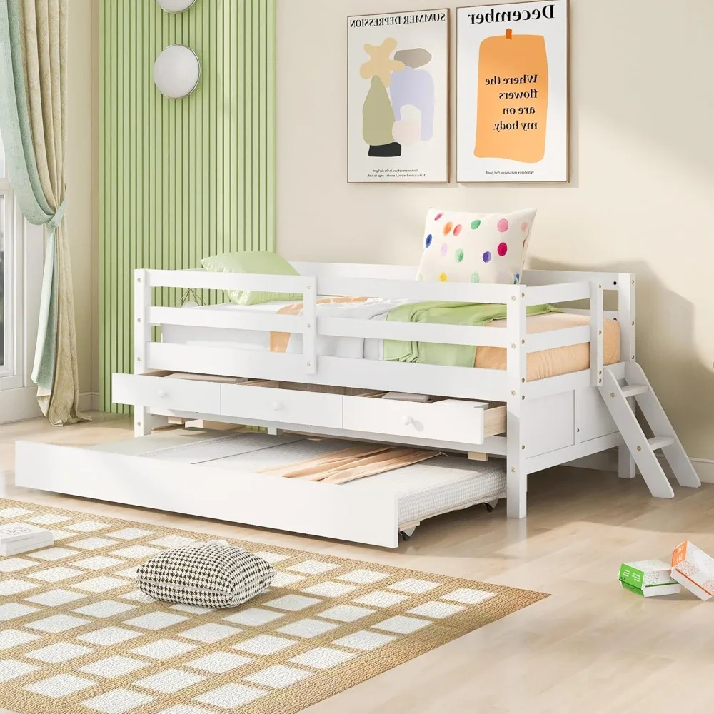 bed，Twin Loft Bed with Trundle Solid Wood and Sturdy Low Loft Bed Frame with Ladders/Storage Drawer/Guard Rails for Boys Girls