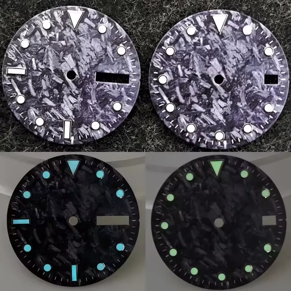 28.5mm Single/Double Calendar Dial Carbon Fiber Pattern Watch Face Blue/Green Luminous Watch Dial for NH35 NH36 Movement Tools
