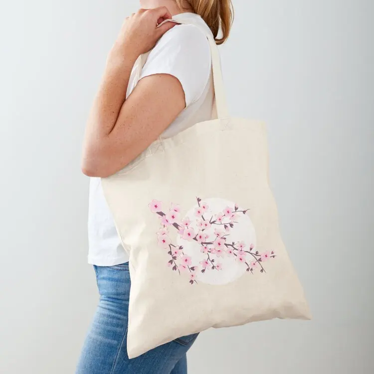 Floral Cherry Blossom Pink Black Tote Bag cute pouch bag shopping trolley bag Portable shopping