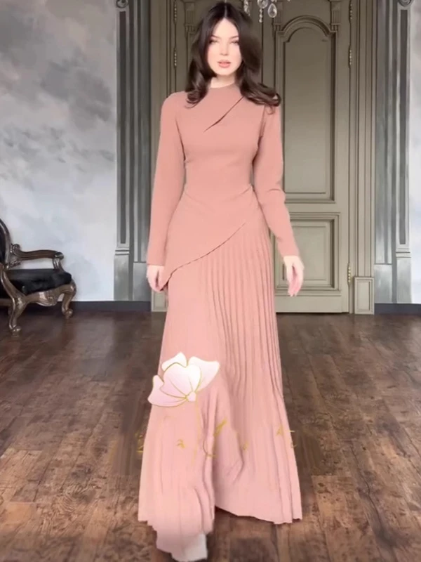 

Ele Spliced Women's Dr Slimming High Waist Long Sve V-Ne Midi Skirt Faionable Autumn Wear for Par And Wedding