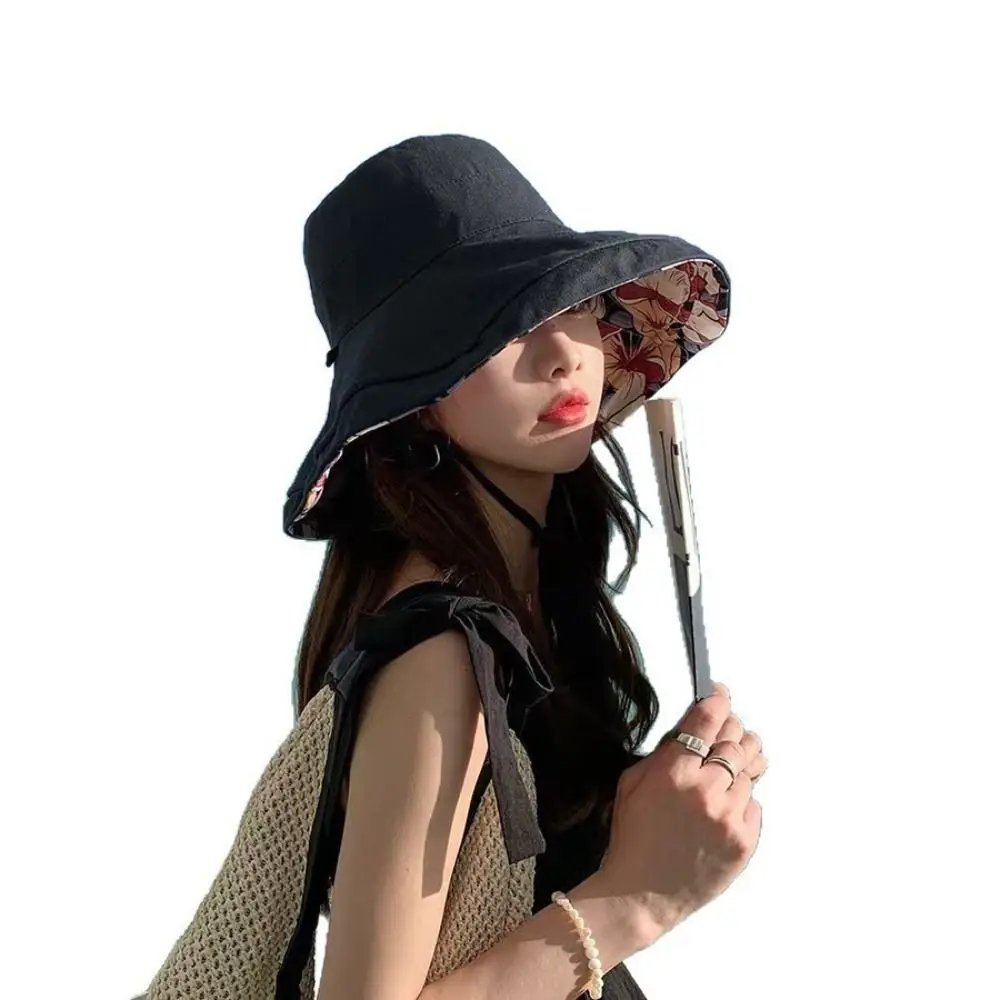 High Quality Double-Sided Printed Sun Hat UV Protection Sun Protection Fisherman Hat Large Brim Windproof Beach Cap for Women